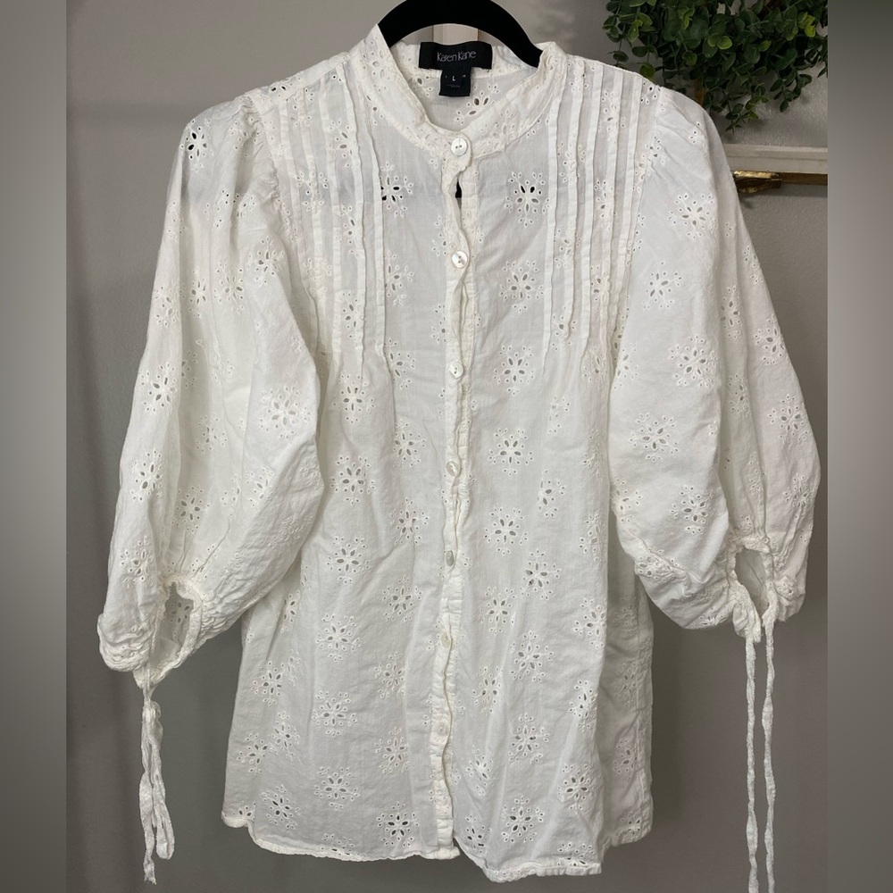 Karen Kane White Eyelet Blouse with Button-Up Design large